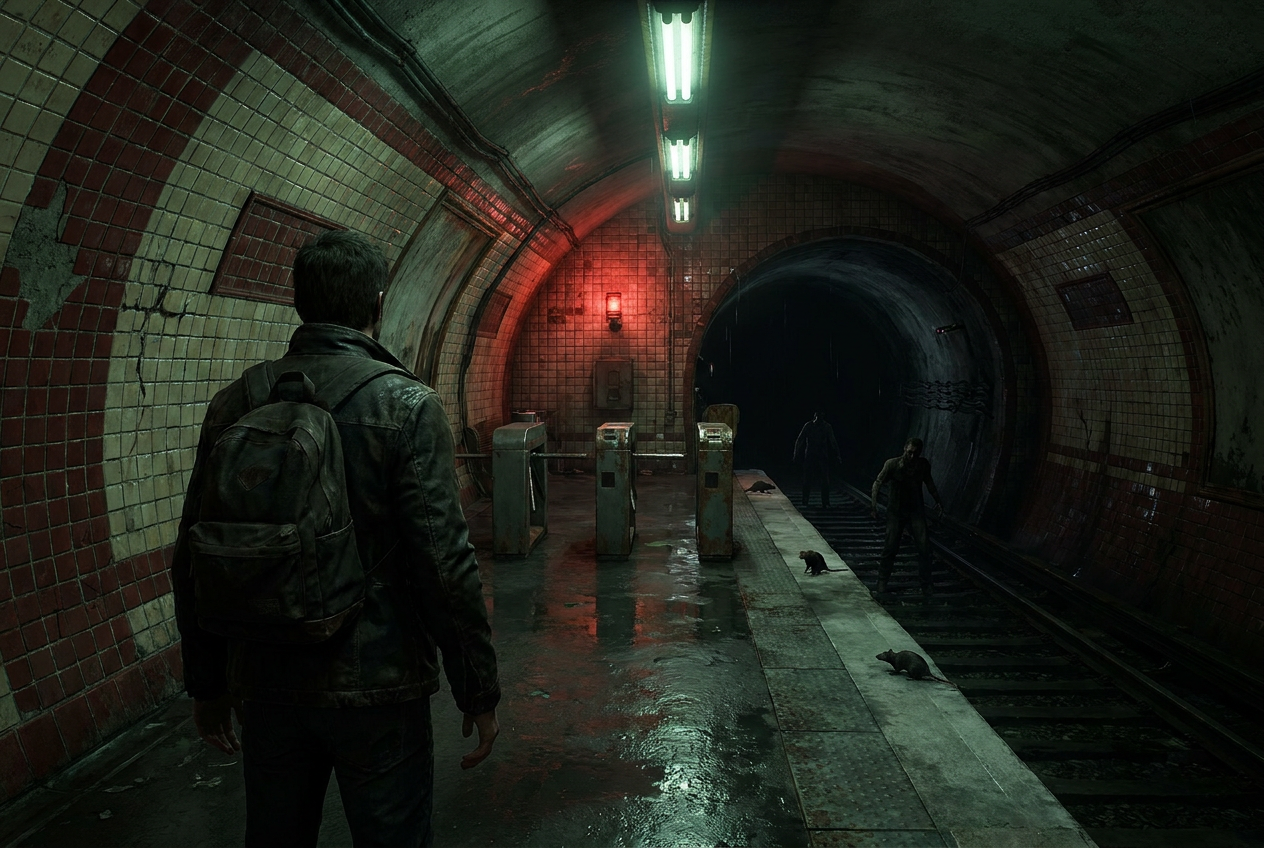 A grimy Paris metro platform at night, oxblood and cream tiles, rats and zombies climbing from the tracks